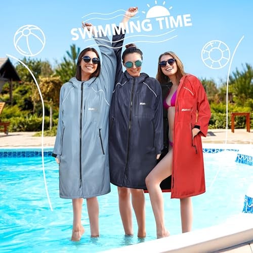 Suncube SUN CUBE Swim Parka Men Women, Unisex Hooded Changing Robe with Water Resistant Shell and Warm Fleece Lining for Swimming, Surfing, Triathlon, Water Sports, Red - Image 3