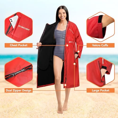 Suncube SUN CUBE Swim Parka Men Women, Unisex Hooded Changing Robe with Water Resistant Shell and Warm Fleece Lining for Swimming, Surfing, Triathlon, Water Sports, Red - Image 4