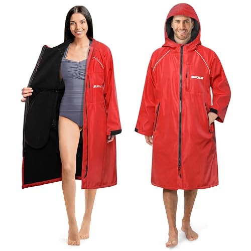 Suncube SUN CUBE Swim Parka Men Women, Unisex Hooded Changing Robe with Water Resistant Shell and Warm Fleece Lining for Swimming, Surfing, Triathlon, Water Sports, Red - Image 1
