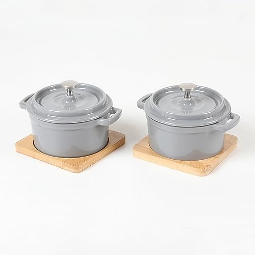 HAWOK Enameled Cast Iron Mini Dutch Oven Cocotte Saucepan with Lid 270ml/9.13oz/1.08cups Gray Set of 2 - Image 1