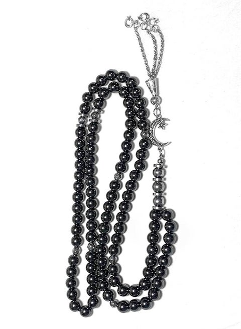 Hematite Prayer Beads (99 Beads) – 8mm Black Stone Rosary with Silver Separators, Metal Closure, Gift Pouch