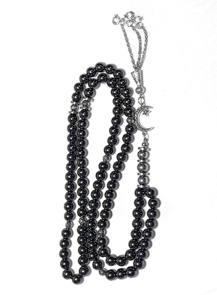 Hematite Prayer Beads (99 Beads) – 8mm Black Stone Rosary with Silver Separators, Metal Closure, Gift Pouch - Image 1