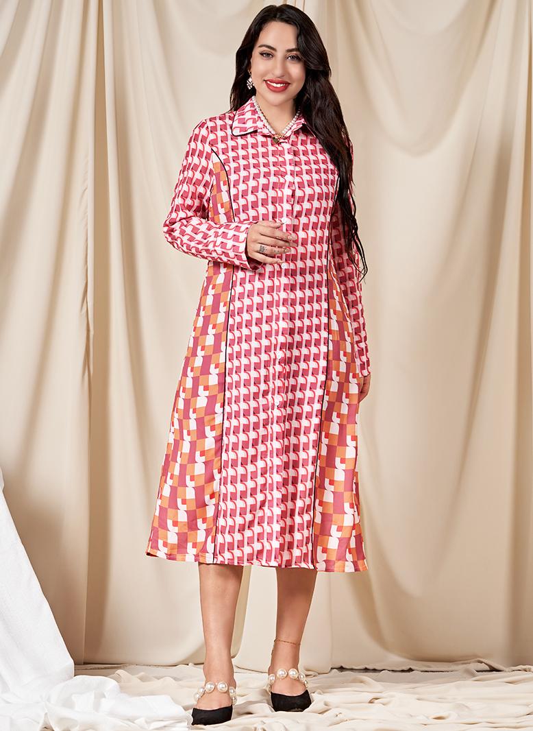 فرايديين كلاسيك طوق متقلب هندسي الربط ازرار كم القميص فساتين ميد وردي - Image 1