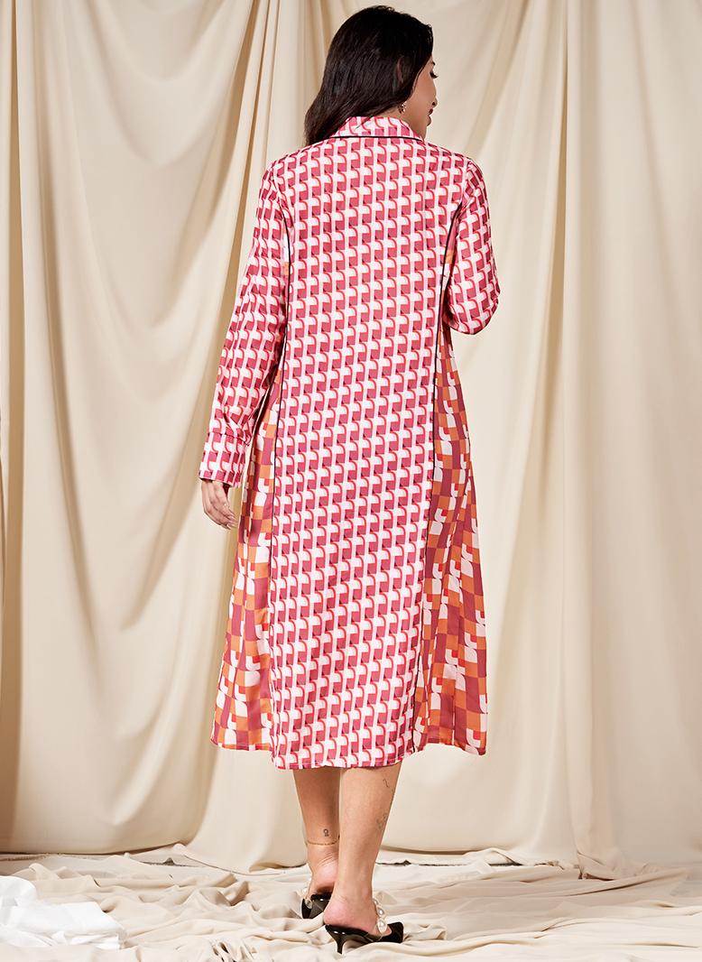 فرايديين كلاسيك طوق متقلب هندسي الربط ازرار كم القميص فساتين ميد وردي - Image 2