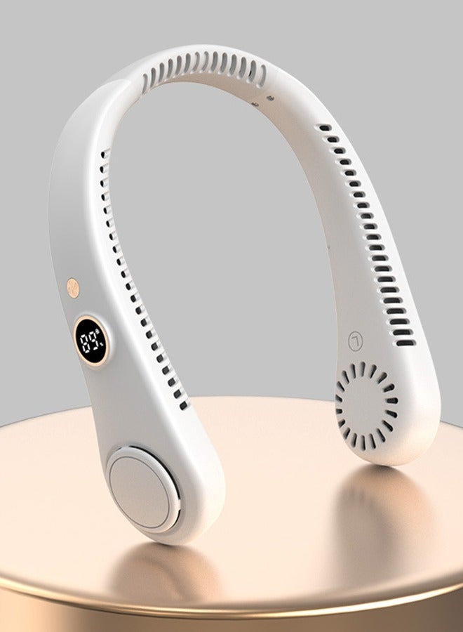 HaveDream LED Digital Display Neck Hanging Fan, Outdoor Sports Student USB Bladeless Turbine Silent High Wind Power Mini Fan-White - Image 1