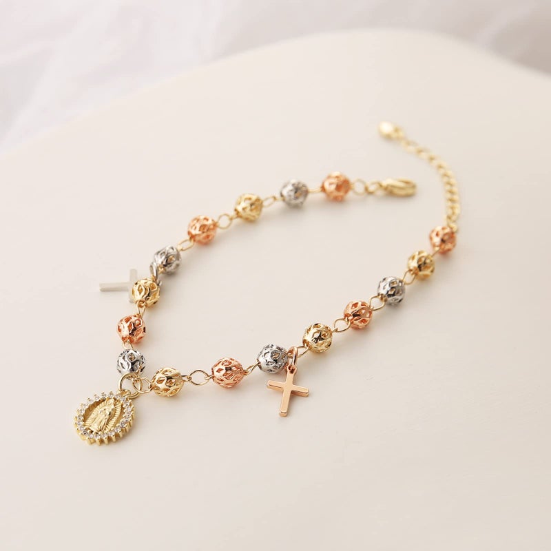 HZMAN 8.5inch Virgin Mary Rosary Bead Cross Bracelet Virgin of Guadalupe Adjustable Link Bracelet for Women Jewelry - Image 3