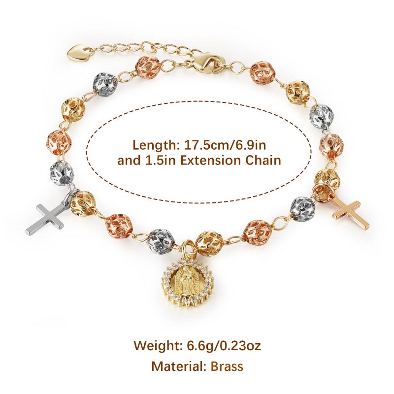 HZMAN 8.5inch Virgin Mary Rosary Bead Cross Bracelet Virgin of Guadalupe Adjustable Link Bracelet for Women Jewelry - Image 2