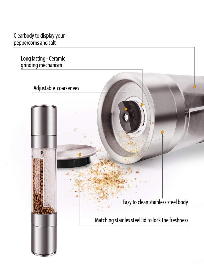 Mixoo Salt and Pepper Grinder - 2 in 1 Manual Stainless Steel Salt Pepper Mill Herb Spice Grinder Shakers Refillable with Adjustable Coarseness Ceramic Rotor and Dual Clear Acrylic Chamber - Image 2