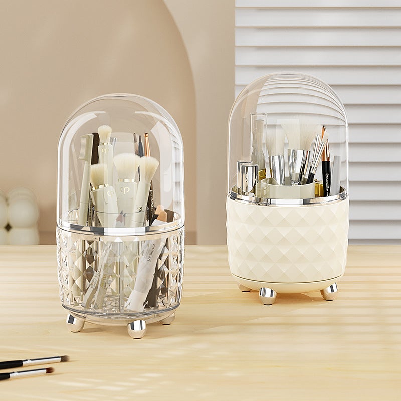 Rotating Desk Makeup Brush Organizer with Dust Cover, Cosmetics Storage Case - Image 1
