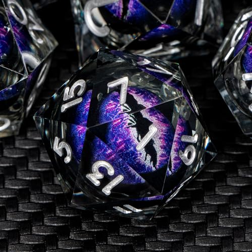ARUOHHA DND Resin Dice Dragon Eye Dice Liquid Core Purple Sharp Edged Dice Set with Gift Box Dungeons Polyhedral D and D Dice Set Compatible with DD Role Playing Game D20 D12 D10 D8 D6 - Image 1