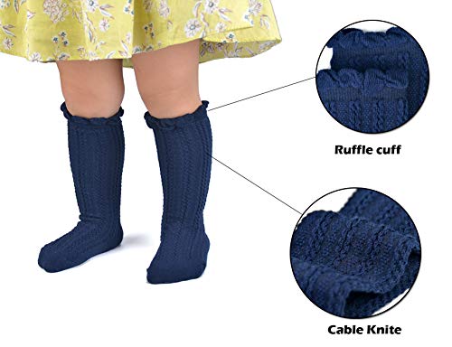 EPEIUS 5 Pairs Little Girls Cotton Uniform Knee High Socks Kids Boys Tube Ruffled Stockings for 2-3 Years,White/Grey/Navy/Yellow/Wine Red - Image 3