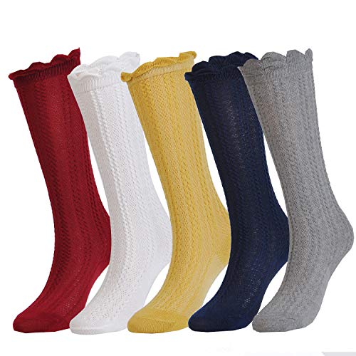 EPEIUS 5 Pairs Little Girls Cotton Uniform Knee High Socks Kids Boys Tube Ruffled Stockings for 2-3 Years,White/Grey/Navy/Yellow/Wine Red - Image 1