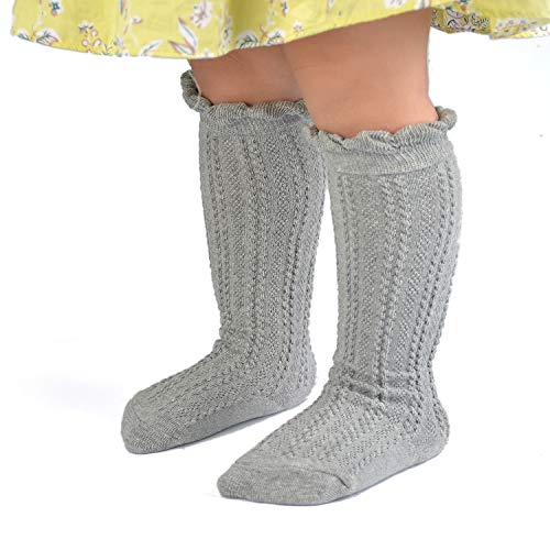 EPEIUS 5 Pairs Little Girls Cotton Uniform Knee High Socks Kids Boys Tube Ruffled Stockings for 2-3 Years,White/Grey/Navy/Yellow/Wine Red - Image 5