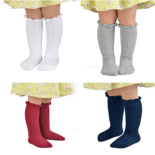 EPEIUS 5 Pairs Little Girls Cotton Uniform Knee High Socks Kids Boys Tube Ruffled Stockings for 2-3 Years,White/Grey/Navy/Yellow/Wine Red - Image 2