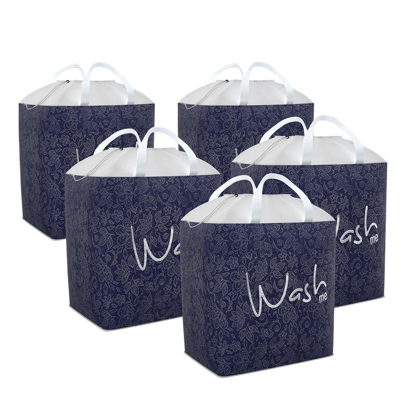 Kuber Industries Pack of 5 Clothes Basket 106 LTR Cloth Storage Bin Square Dori Laundry Bag Foldable Washing Box Hamper with Handles Waterproof Toy Basket Flower Navy Blue - Image 1