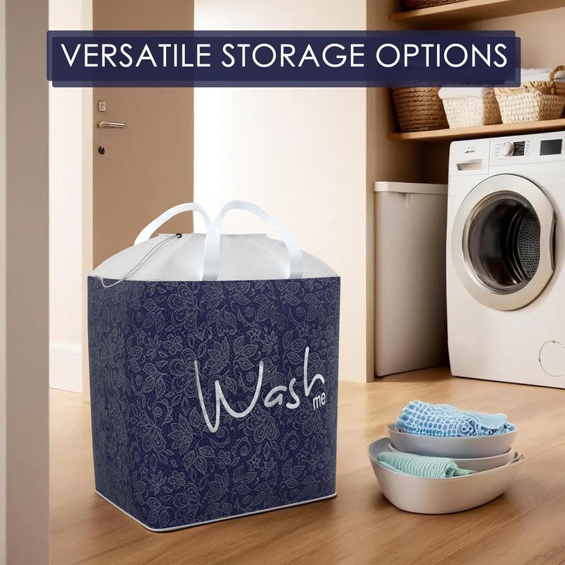 Kuber Industries Pack of 5 Clothes Basket 106 LTR Cloth Storage Bin Square Dori Laundry Bag Foldable Washing Box Hamper with Handles Waterproof Toy Basket Flower Navy Blue - Image 4