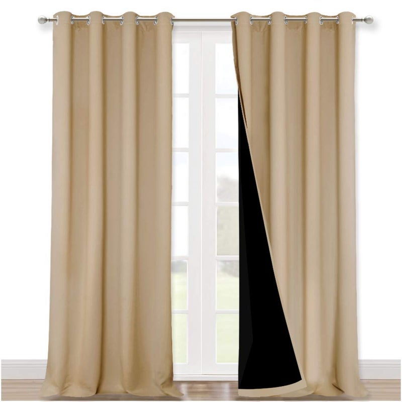NICETOWN Thermal Insulated 100% Blackout Curtains, Sound Reducing Drapes with Black Backing, Full Light Blocking Panels for Patio Sliding Door (Biscotti Beige, 1 Pair, 52 inches x 108 inches) - Image 1