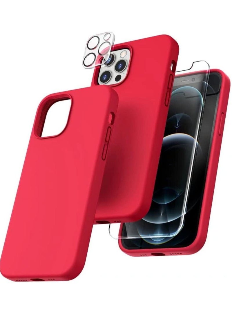 [5 in 1 for iPhone 14 Pro Max Case, with 2 Pack Screen Protector + 2 Pack Camera Lens Protector, Liquid Silicone Slim Shockproof Phone Cover [Anti-Scratch] [Drop Protection], Red - Image 1