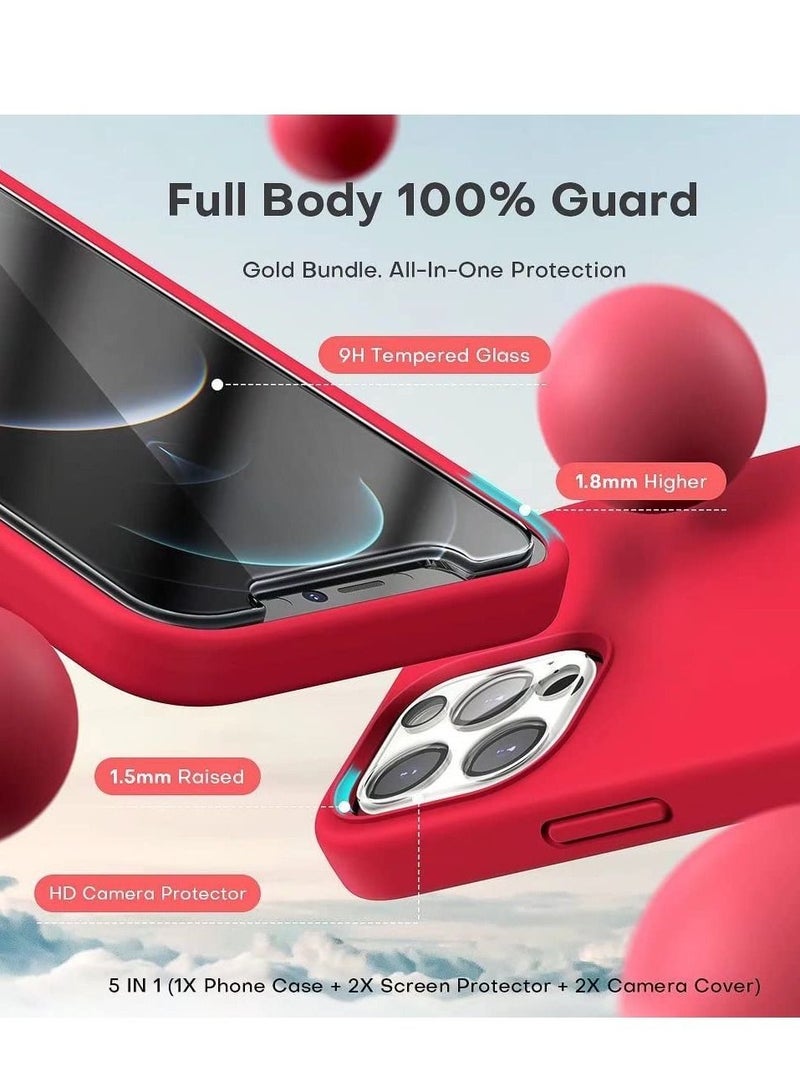 [5 in 1 for iPhone 14 Pro Max Case, with 2 Pack Screen Protector + 2 Pack Camera Lens Protector, Liquid Silicone Slim Shockproof Phone Cover [Anti-Scratch] [Drop Protection], Red - Image 3