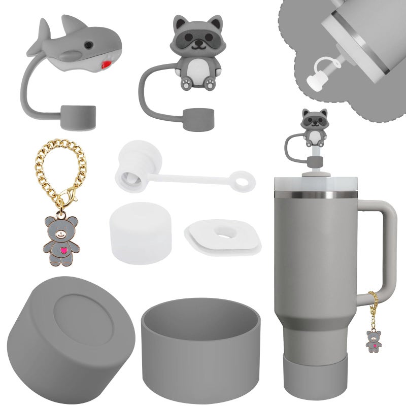 vikgle Stanley Cup Accessories Set,Including 2 Pcs 0.4in Straw Cover, 1 Silicone Spill-Proof Stopper, 1 Cute Handle Charm, 1 Silicone Boot Fits Stanley 40&30 Oz Tumbler (Grey) - Image 1