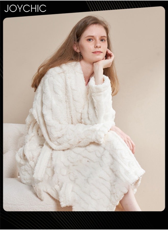 Joychic Autumn and Winter Jacquard Coral Velvet Thickened Warm Pajamas for Women Fashion Green Fruit Collar Long-Sleeved Skin-friendly Bedroom Sleep Robe with Pockets White  - Image 1