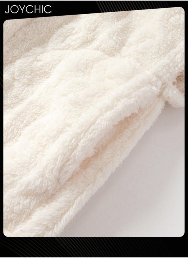 Joychic Autumn and Winter Jacquard Coral Velvet Thickened Warm Pajamas for Women Fashion Green Fruit Collar Long-Sleeved Skin-friendly Bedroom Sleep Robe with Pockets White  - Image 5
