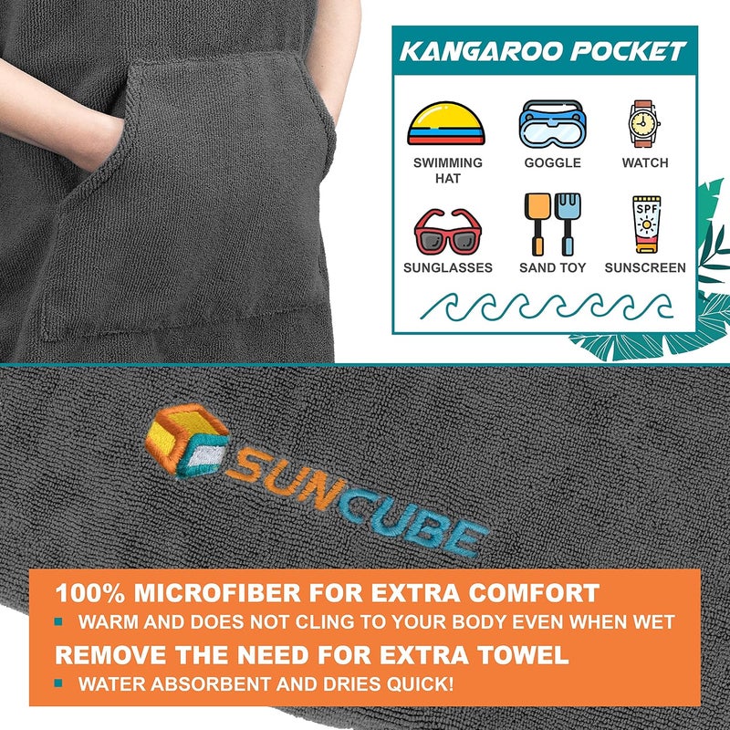 Suncube Kids Changing Robe Surf Poncho, Kids Beach Towels, Hooded Towel for Toddler Bath Pool, Microfiber Quick Dry Wearable Towel Poncho with Hood, Swim Towel for Boys Girls 3-7 Years, Gray - Image 3