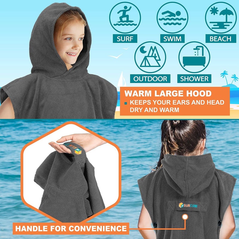 Suncube Kids Changing Robe Surf Poncho, Kids Beach Towels, Hooded Towel for Toddler Bath Pool, Microfiber Quick Dry Wearable Towel Poncho with Hood, Swim Towel for Boys Girls 3-7 Years, Gray - Image 4