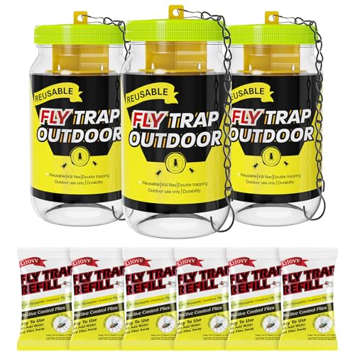 Glovv Reusable Fly Traps Outdoor Bottles, 3 Pack Fly Killer Catcher Jar with 6 Natural Magnet Bait Refills Lure, Flies Bug Insect Trap Control Outdoor Hanging for Outside Barns, Stable, Patio - Image 1