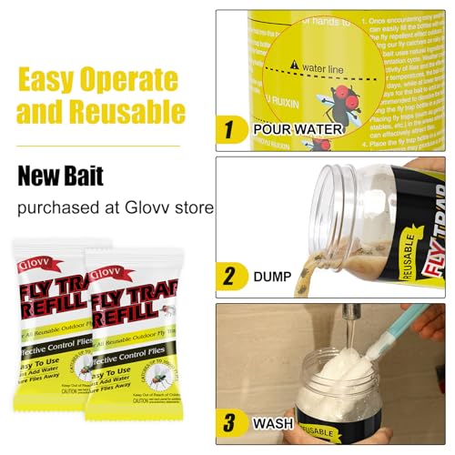 Glovv Reusable Fly Traps Outdoor Bottles, 3 Pack Fly Killer Catcher Jar with 6 Natural Magnet Bait Refills Lure, Flies Bug Insect Trap Control Outdoor Hanging for Outside Barns, Stable, Patio - Image 3