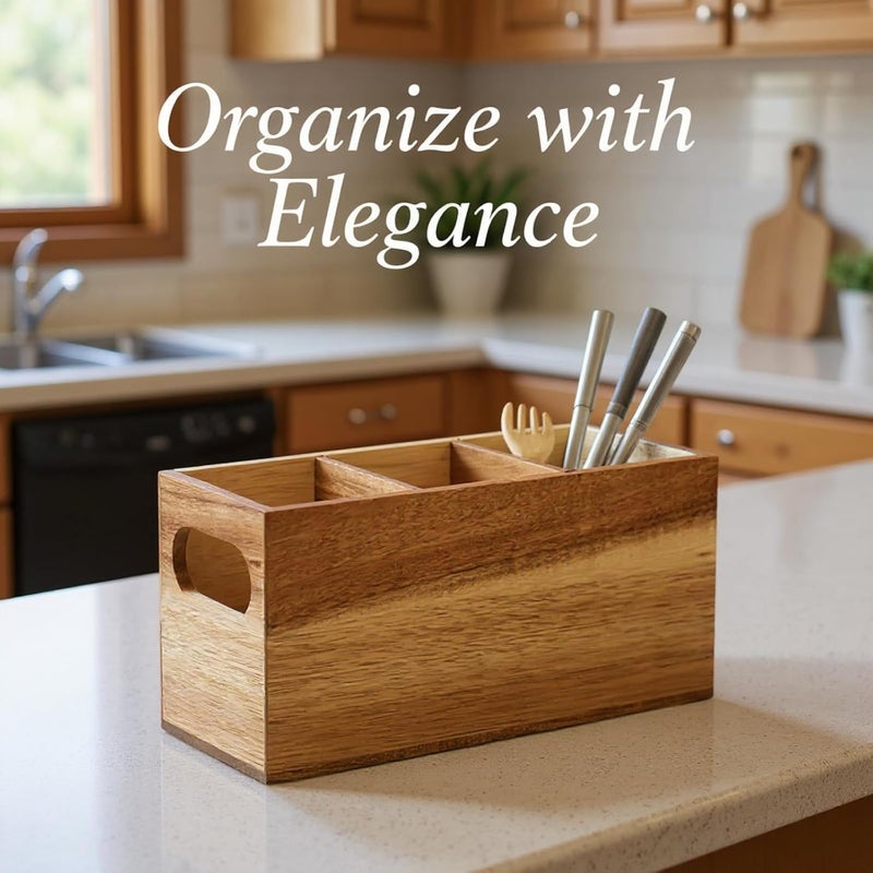 Wooden Utensil Holder Caddy, 3 Compartments with Removable Dividers, 9 in / 22.9 Cm Wood Cutlery & Cooking Tool Organizer for Kitchen, Dining Table, Wood Color - Image 4