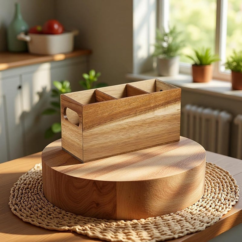 Wooden Utensil Holder Caddy, 3 Compartments with Removable Dividers, 9 in / 22.9 Cm Wood Cutlery & Cooking Tool Organizer for Kitchen, Dining Table, Wood Color - Image 1