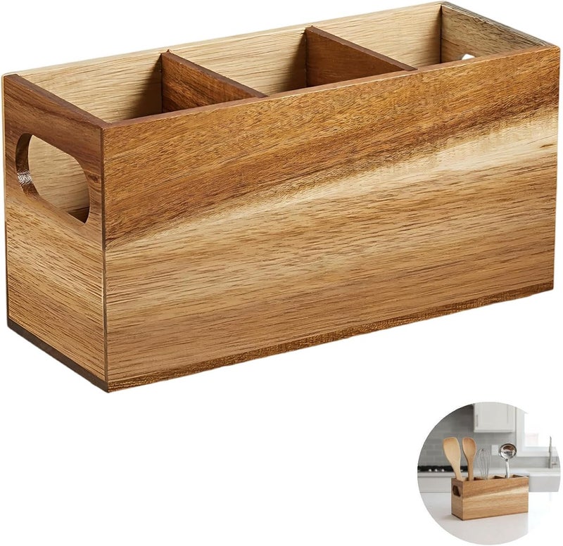 Wooden Utensil Holder Caddy, 3 Compartments with Removable Dividers, 9 in / 22.9 Cm Wood Cutlery & Cooking Tool Organizer for Kitchen, Dining Table, Wood Color - Image 2