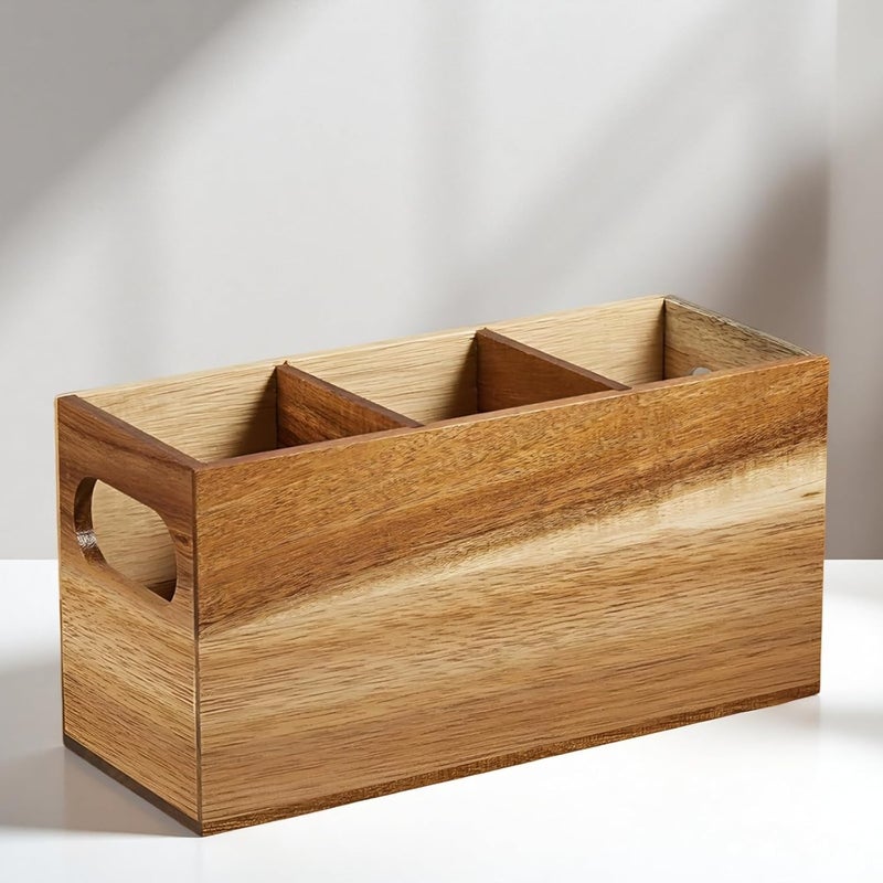 Wooden Utensil Holder Caddy, 3 Compartments with Removable Dividers, 9 in / 22.9 Cm Wood Cutlery & Cooking Tool Organizer for Kitchen, Dining Table, Wood Color - Image 3