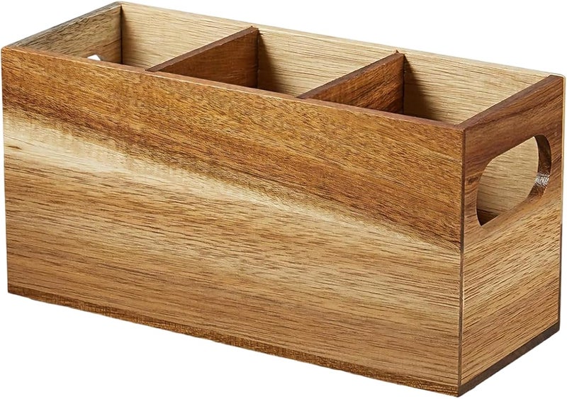 Wooden Utensil Holder Caddy, 3 Compartments with Removable Dividers, 9 in / 22.9 Cm Wood Cutlery & Cooking Tool Organizer for Kitchen, Dining Table, Wood Color - Image 5
