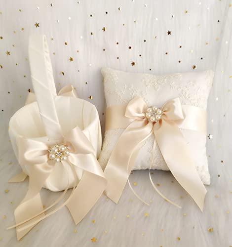 Uwedding Flower Girl Basket Lace Cover with Beige Ribbon Bow Rhinestone Brooch Décor for Wedding Ceremony Vow Renewal Baby Shower Party Favor-Basket - Image 3