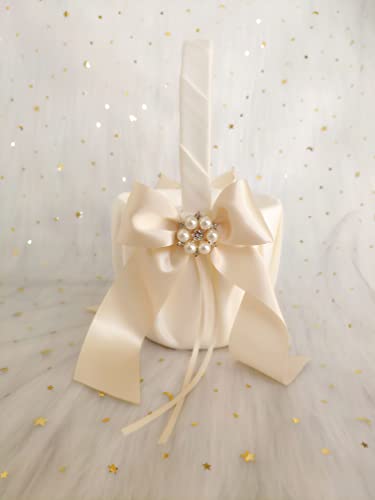 Uwedding Flower Girl Basket Lace Cover with Beige Ribbon Bow Rhinestone Brooch Décor for Wedding Ceremony Vow Renewal Baby Shower Party Favor-Basket - Image 5