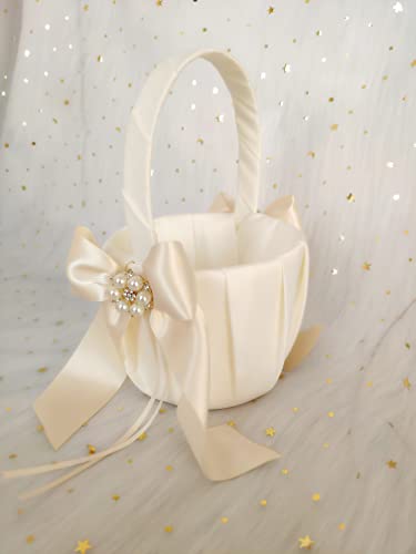 Uwedding Flower Girl Basket Lace Cover with Beige Ribbon Bow Rhinestone Brooch Décor for Wedding Ceremony Vow Renewal Baby Shower Party Favor-Basket - Image 2