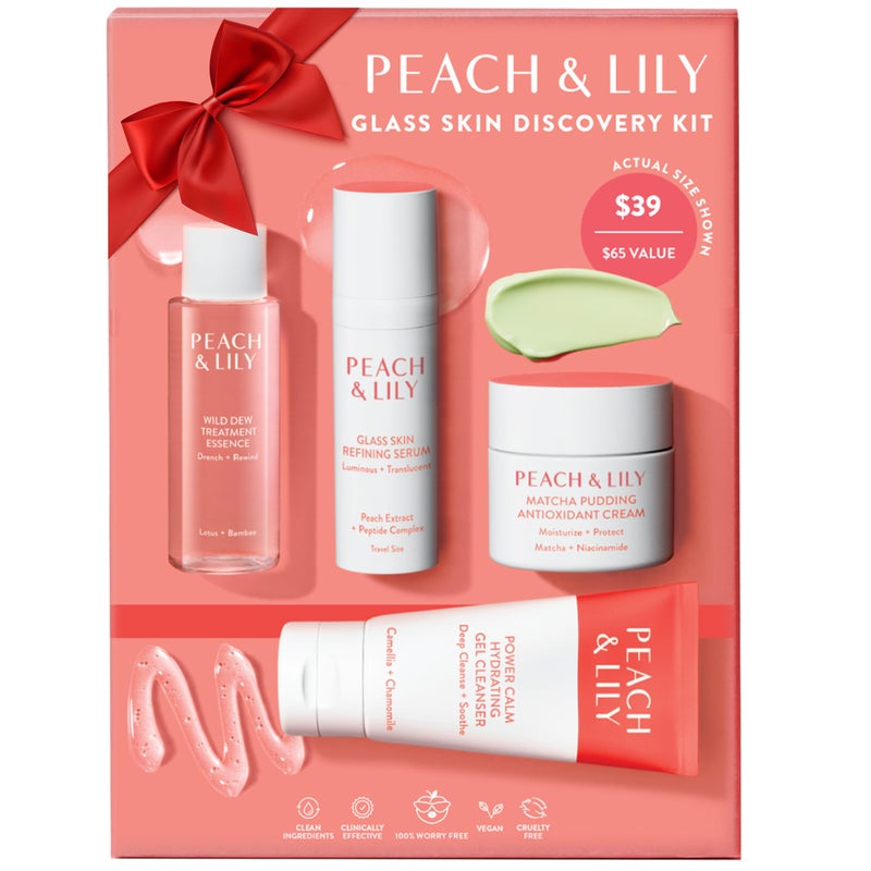PEACH & LILY بيتش آند ليلي - مجموعة اكتشاف بشرة الزجاج (4 منتجات) - 1 منظف، 1 إيسنس، 1 سيروم و 1 كريم - مجموعة العناية بالبشرة - روتين حب الشباب - أساسيات السفر - العناية الذاتية - نباتي وخالي من القسوة - الجمال الكوري - Image 1