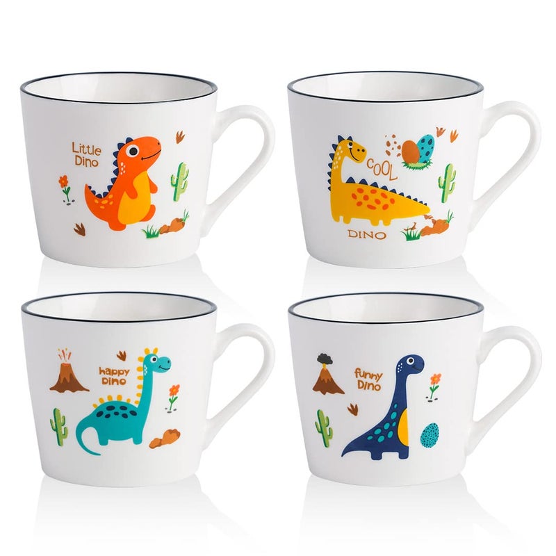CHILDIKE Dinosaur Mugs for Kids 13 oz Dino Cups for Kids Cut Cartoon Porcelain Mugs for Breakfast Christmas Gifts for Kid Dishwasher and Microwave Safe Set of 4