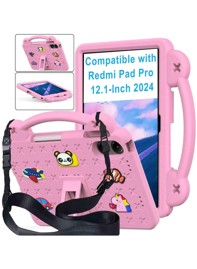 VKL Kids Case Compatible with Xiaomi Redmi Pad Pro 12.1 Inch 2024, Durable Lightweight Shockproof Case with Pen Holder, Handle Stand, Shoulder Strap, Pink - Image 1