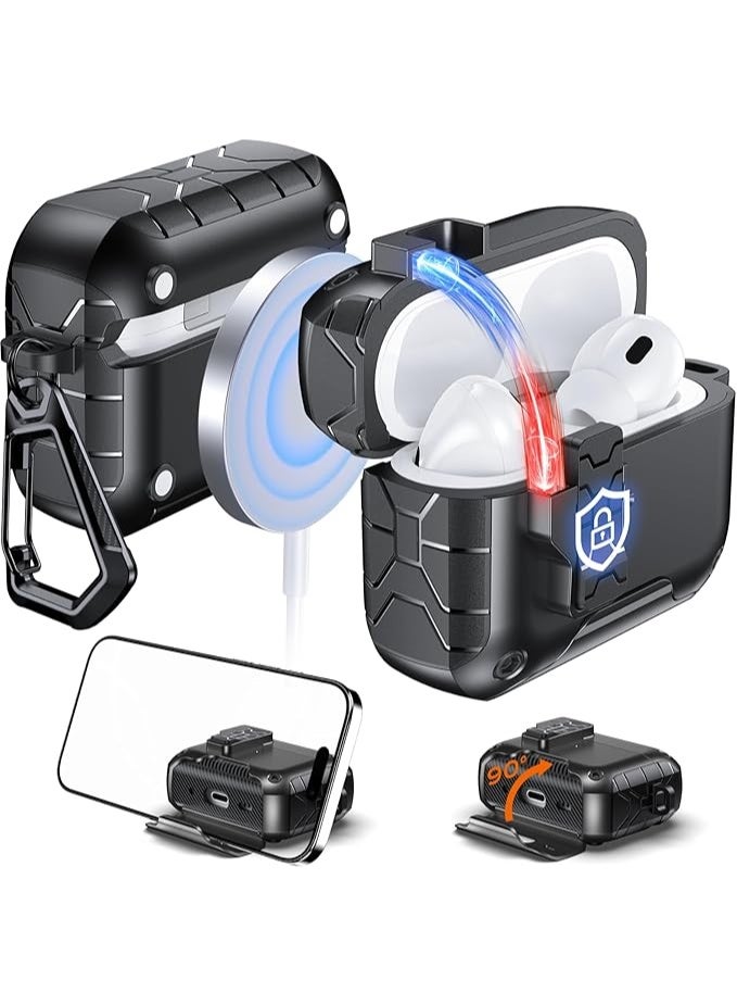 متوافق مع AirPods Pro 3، مع حافظة واقية للقاعدة، حافظة AirPods Pro 3 مزودة بمغناطيس مدمج، فتح وإغلاق تلقائي بنقرة واحدة، تصميم حماية كاملة ضد السقوط، يدعم الشحن السلكي واللاسلكي، يأتي مع مشبك للحقائب. اللون أسود - Image 1