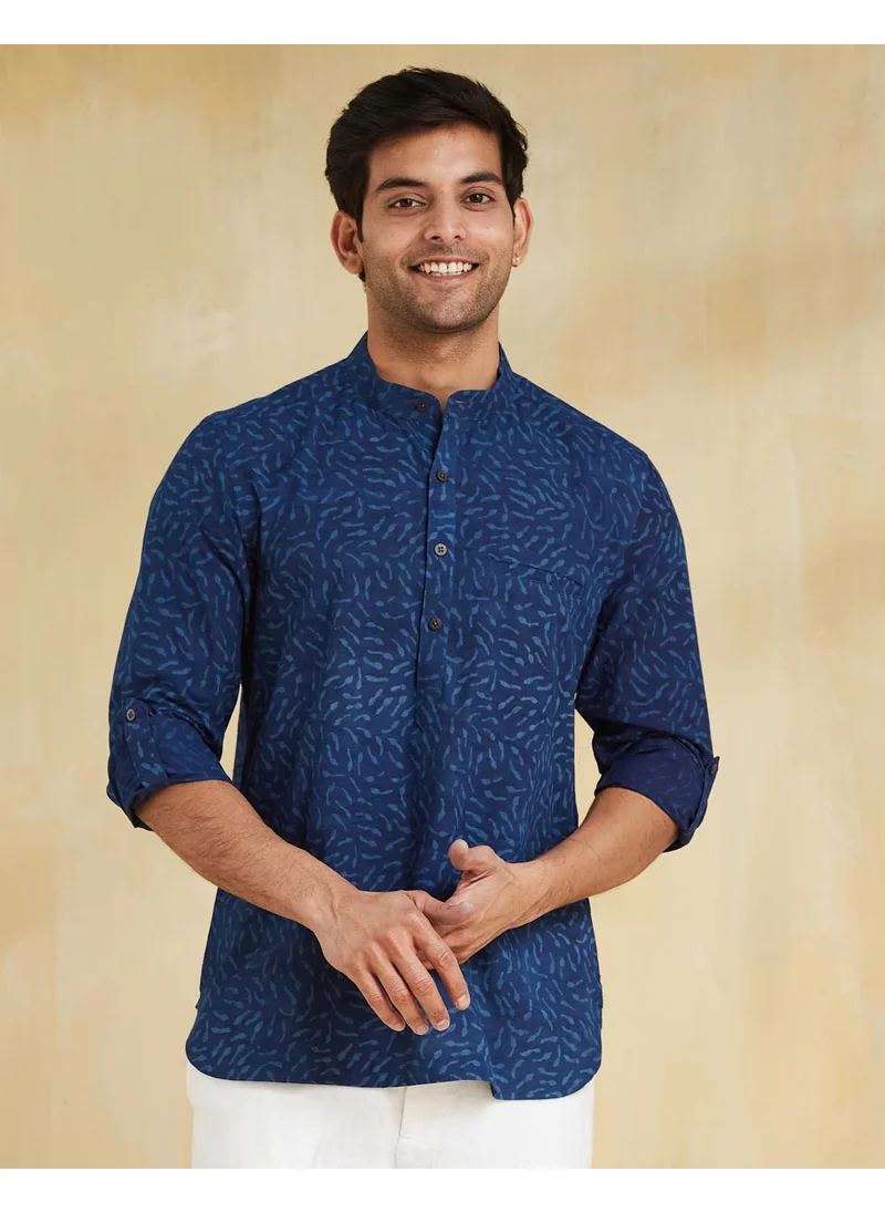 Fabindia Blue Cotton Dabu Printed Slim Fit Mid Placket Shirt