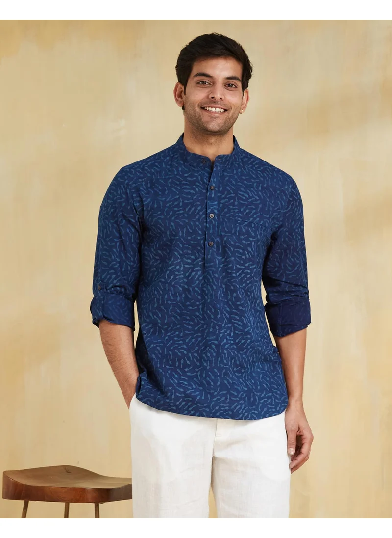 Fabindia Blue Cotton Dabu Printed Slim Fit Mid Placket Shirt