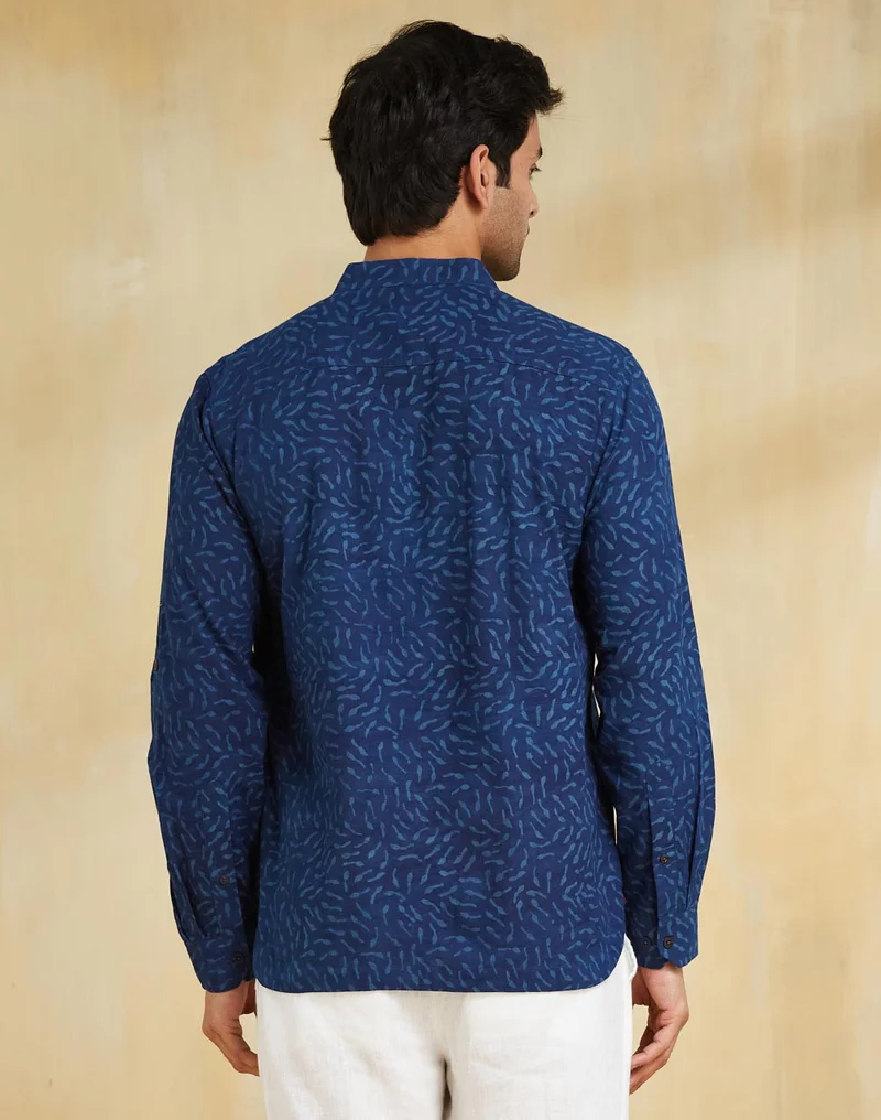 Fabindia Blue Cotton Dabu Printed Slim Fit Mid Placket Shirt