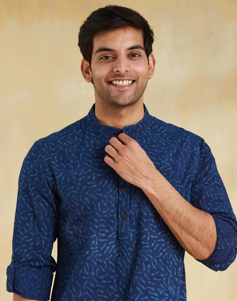 Fabindia Blue Cotton Dabu Printed Slim Fit Mid Placket Shirt
