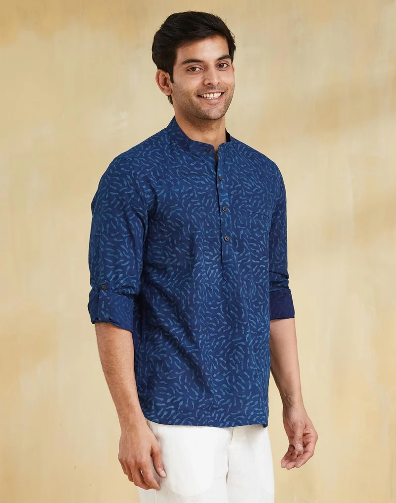 Fabindia Blue Cotton Dabu Printed Slim Fit Mid Placket Shirt