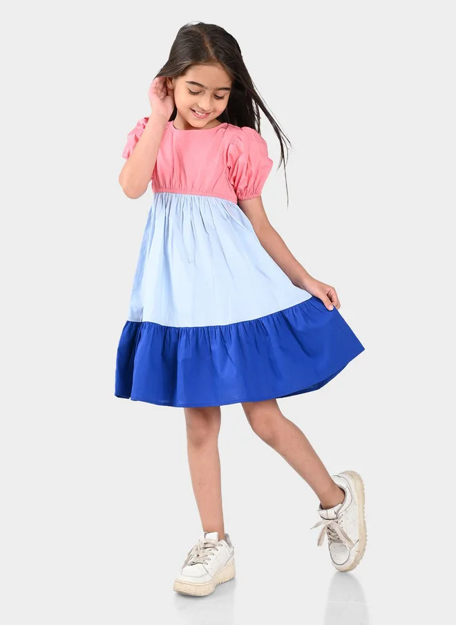 Bonkids BONKIDS Girls Colourblocked Tiered Fit & Flare Cotton Dress