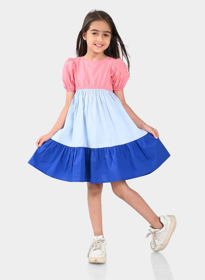 Bonkids BONKIDS Girls Colourblocked Tiered Fit & Flare Cotton Dress