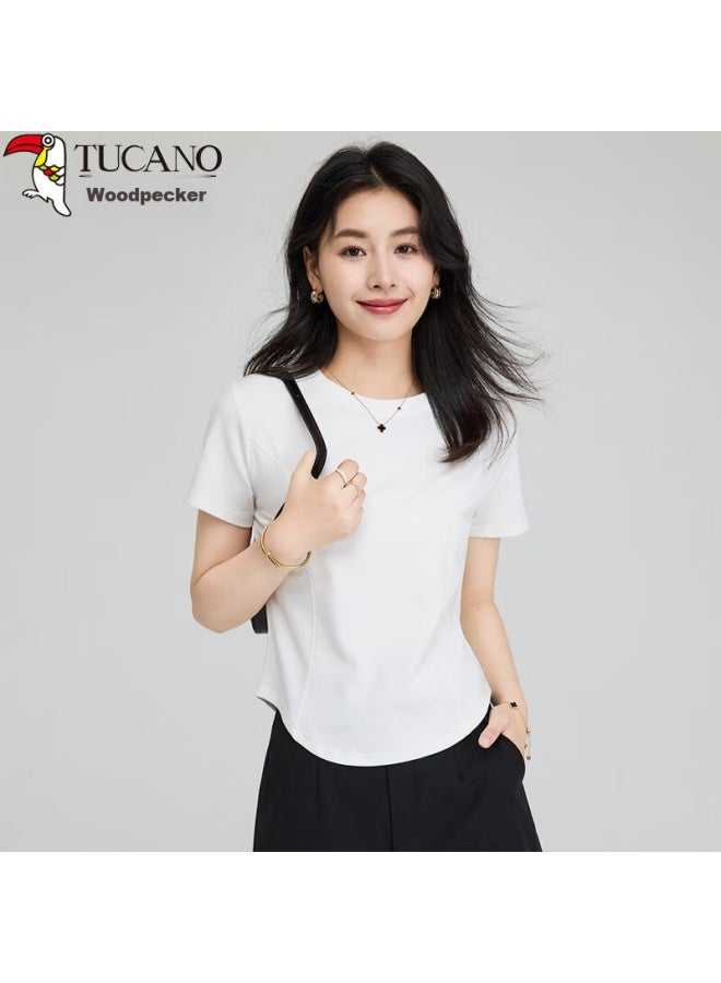 WOODPECKER Wood Short-sleeve T-shirt For Women, Summer Solid Color Versatile Round Neck Curved Hem Slim-fit Regular Shoulder Top, White, 2XL - Image 1